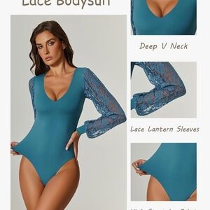 Teal Lace Bodysuit with Lantern Sleeves